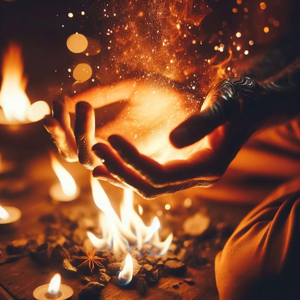 Manos sobre el fuego de manera mistica